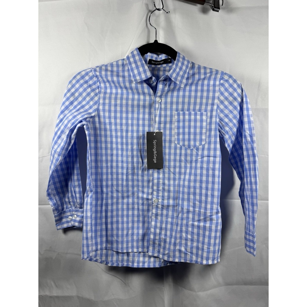 Spring&Gege Boys Blue White Gingham Button Down Shirt Long Sleeve Size S 5-6 Yrs